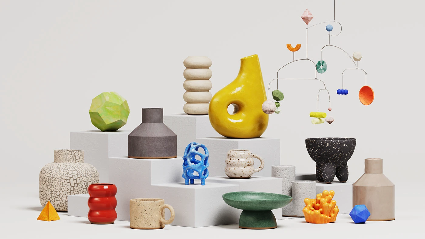 ceramic materials handmade set design art direction 3d design lighting models acrylic papermache